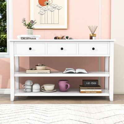 Console Exton Mid-Century avec tiroirs de rangement et tablettes ouvertes