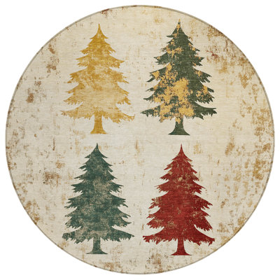 Machine Washable Indoor/Outdoor Christmas Tree Xhevrie Ivory Rug