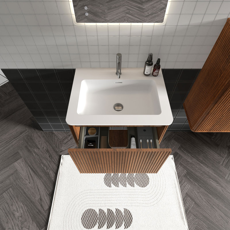 Hannemarie 24" Pre-Assembled Wall Mounted Single Bathroom Vanity with Top with Overflow, Walnut, 24", Matte White