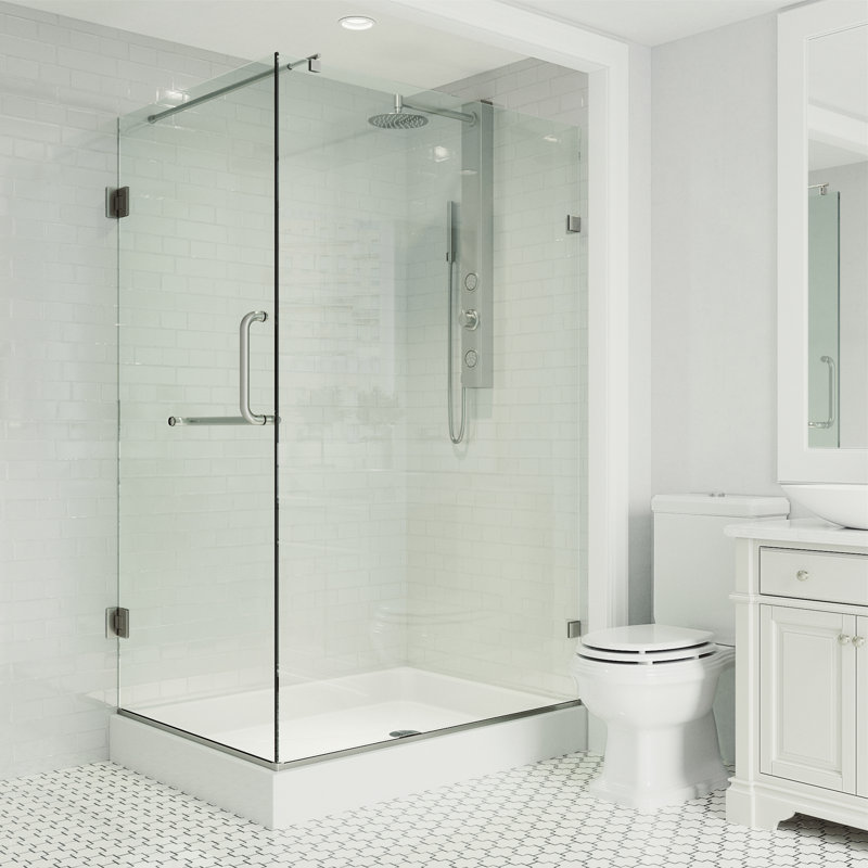 Pacifica 36" W x 48" D x 79" H Hinged Frameless Shower Enclosure with 3/8  Clear Glass&Base, Right, Brushed Nickel