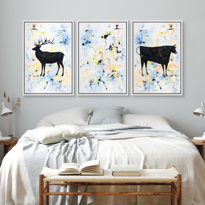 «Modern Modern Animal Silhouette» cerf et taureau, reproduction d'art contemporain sur toile encadrée, œuvre d'art de 3 pièces