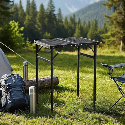 Adjustable Height Folding Camping Table, Portable Aluminum Grill Table with Mesh Top for BBQ, Picnic, and Outdoor Activities