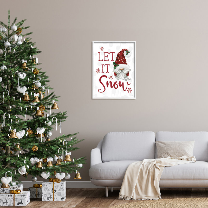 Let It Snow Winter Sentiment Red Snowflakes Gnome Black, estampe numérique encadrée, art texturé par Lux + Me Designs