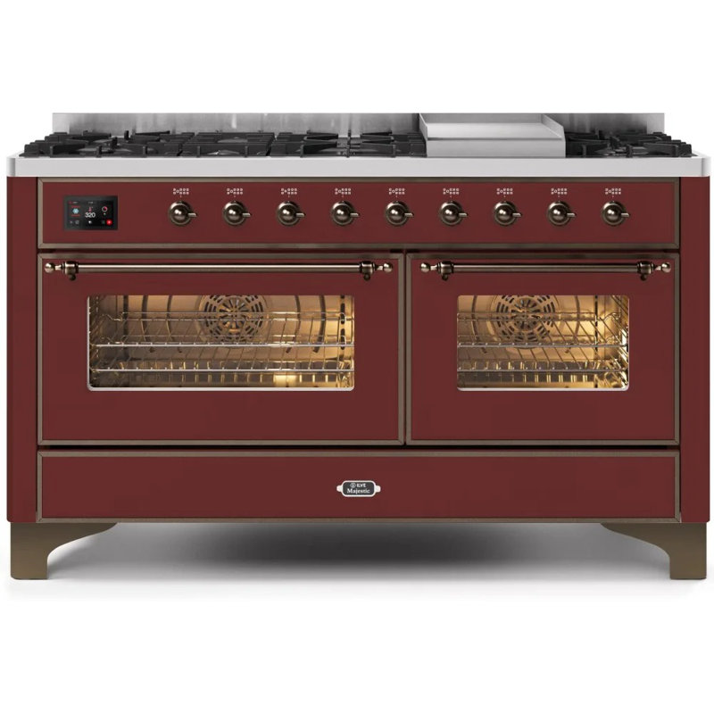 ILVE UM15FDNS3BGG Majestic II 60 inch Dual Fuel Range with 9 Burners, Griddle (Natural Gas, Triple Glass Door, Blue Grey, Brass)