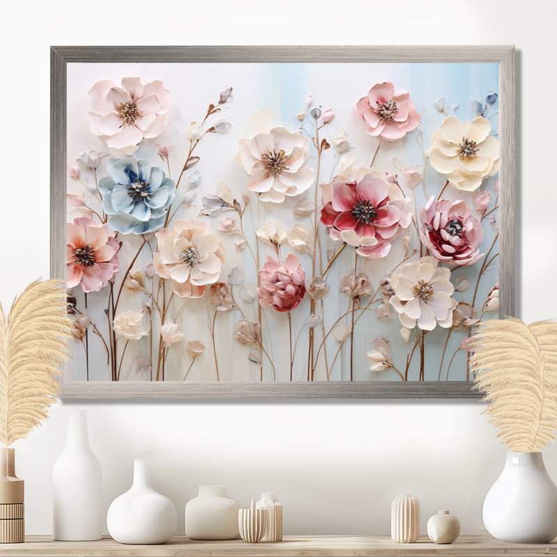 Art floral mural blanc et rose pour salon, Cadre de coin argenté fermé, H 16 po x l 32 po x P 1 po