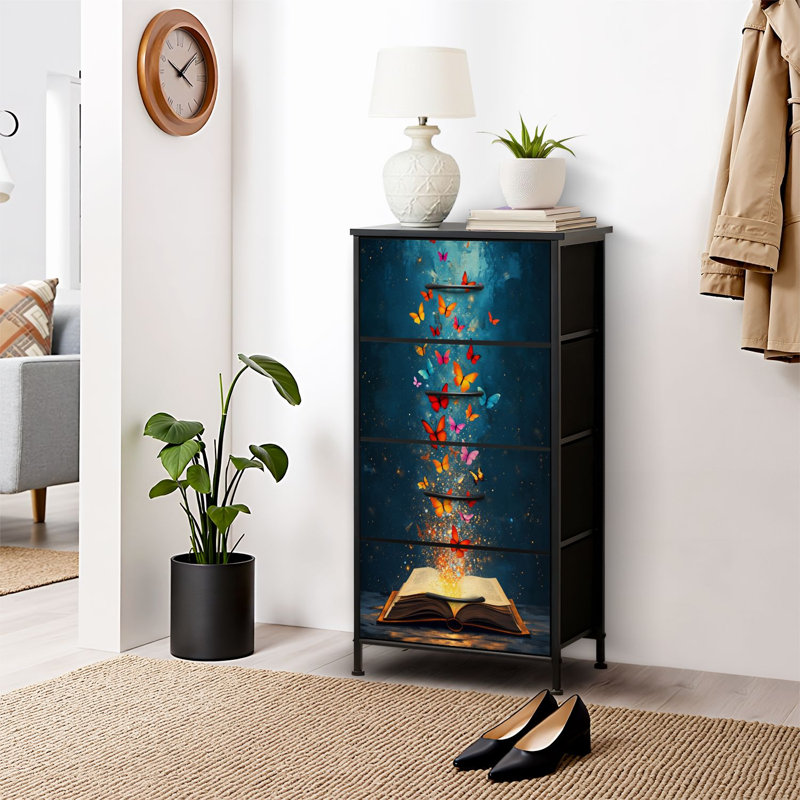 Commode pour commode de chambre à coucher pour livre ouvert Papillons colorés Commode à tiroirs en tissu et rangement avec 4 tiroirs