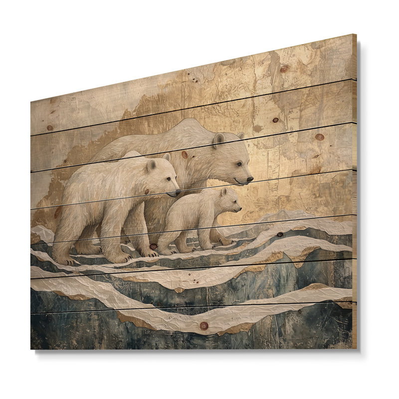 Ours sur un glacier dans un paysage de Norvège III - Art mural en bois d'ours - sur bois de pin naturel