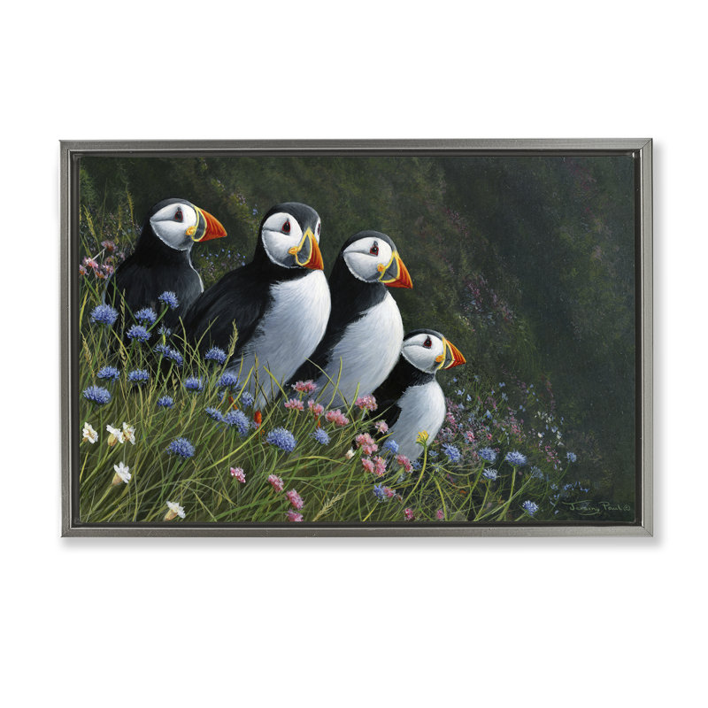 Cadre flottant Puffins & Wild Flowers, design par Jeremy Paul, Cadre flottant gris lustré, H 17 po x l 25 po