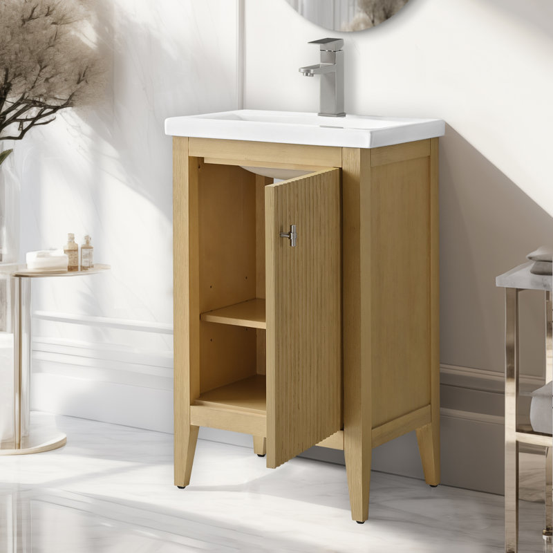 Laval 20" Single Sink Freestanding Bathroom Vanity with White Ceramic Top, Linear Natural Oak, Brushed Nickel, 20"