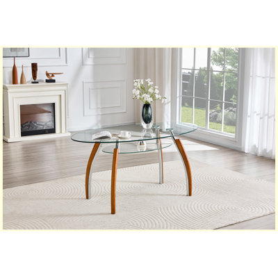 Modern Oval Glass Coffee Table, 2-Tier Storage Shelf, Double-Layer Tempered Glass Top, Electroplated Metal & Rubber Wood Legs