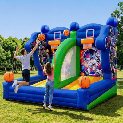 Jeu de basketball gonflable de 4 x 3 x 3 m avec 2 paniers, 4 ballons et un gonfleur – Un jeu de basketball amusant pour les fêtes, les événements et les jeux en plein air.