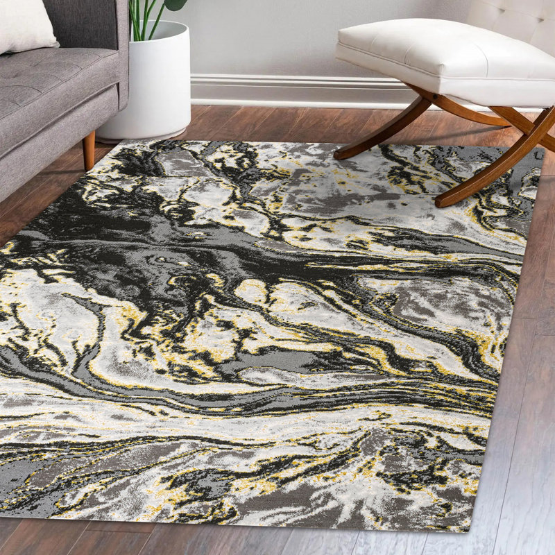 Horfield Abstract Black/Yellow Rug, Rectangle 7'8" x 10'