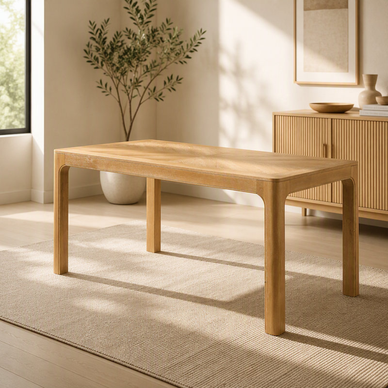 Table de salle à manger rectangulaire avec dessus de style parquet, coins arrondis, pieds incurvés et pieds ajustables (naturels)