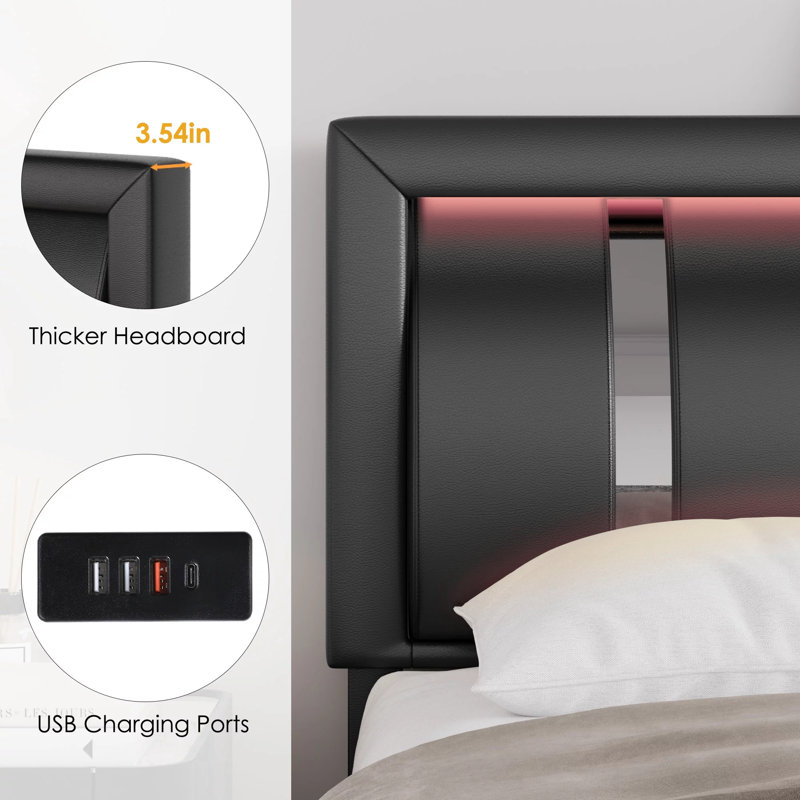 3-Piece Bedroom Sets, Storage Bed with 2-Drawers and Charging Port, Black, Queen