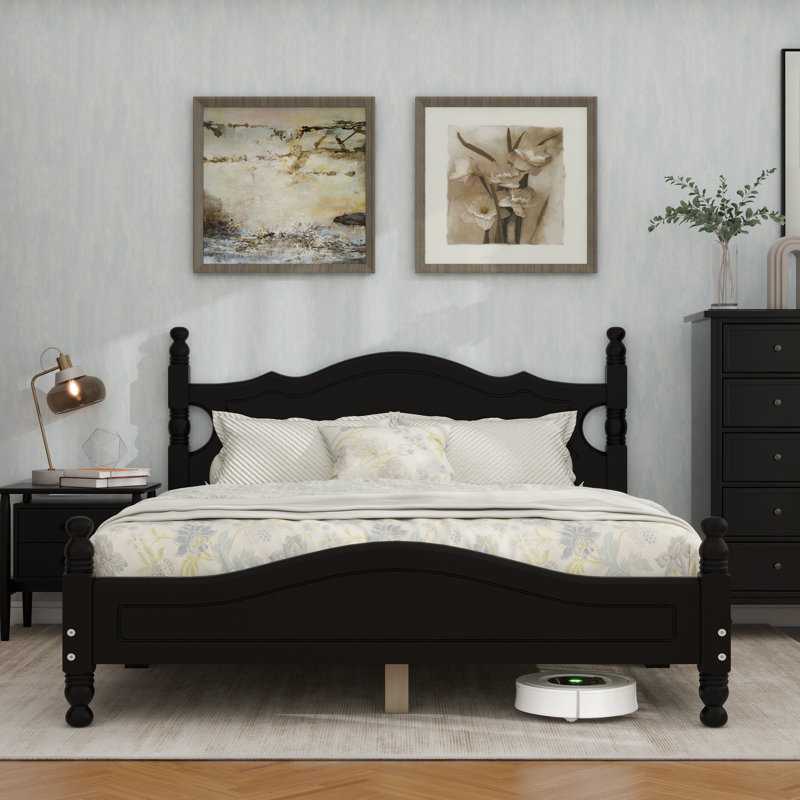 Base de lit plateforme en bois, lit plateforme de style rétro avec support en lattes de bois, Noir, Grand