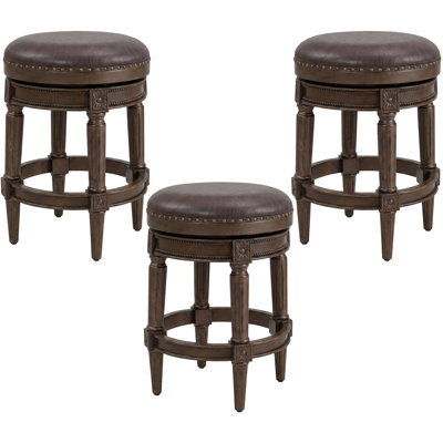  Runyan 26" Swivel Counter Stool, Walnut, Brown Vegan Leather,Set of 3