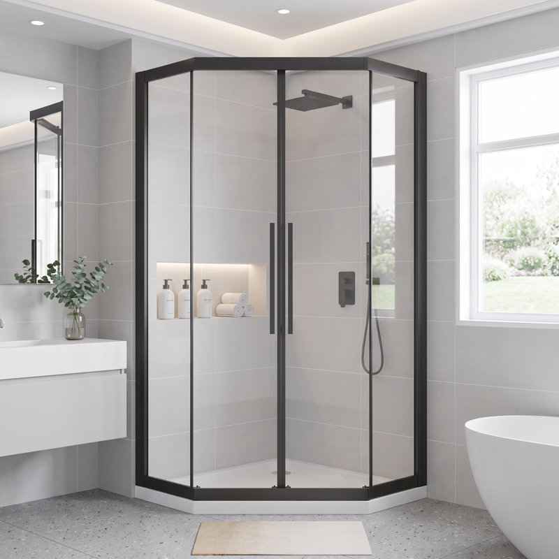 36 po x 36 po x H 72 po. Porte de douche néo-angle à cadre coulissant noir mat avec verre trempé transparent, poignée en acier inoxydable, double rouleau lisse (sans bac de douche blanc)