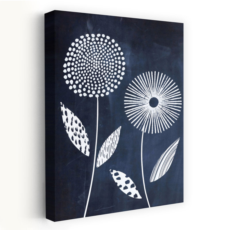 «Blue and White Vase», abstrait, audacieux, fleur de pissenlit contemporaine, art mural, 36" H x 24" W