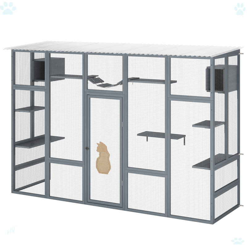 Enclos pour chat en bois avec 6 plateformes de saut et 2 condos pour chat, Gris