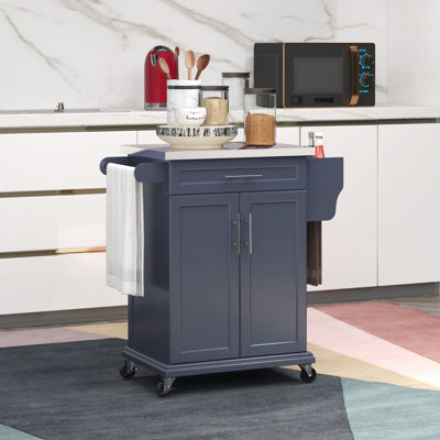 Îlot de cuisine sur roulettes, chariot de cuisine roulant avec comptoir en acier inoxydable, tiroir, porte-serviettes et porte-épices, chariot de rangement utilitaire