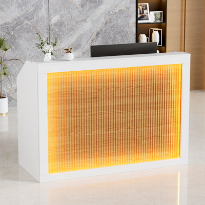 55.1'' Modern Reception Desk With Led Lights, Retail Counter With Storage Drawer & Cabinet And Charging Station, Front Table For Salon, Office, Lobby, Checkout, Cashier Counter, Shop, And Reception Area