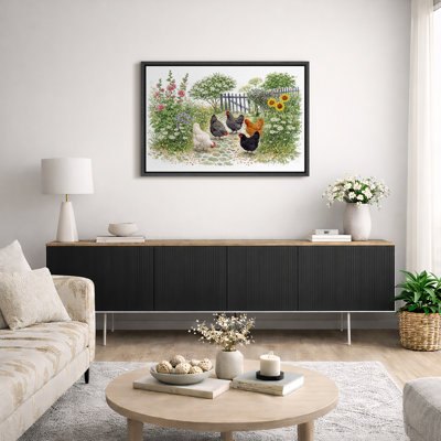 «Hens in Garden», art de la ferme, impression sur toile encadrée