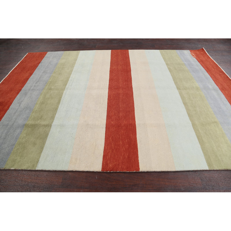 Tapis décoratif en laine de conception unique 6 pi 7 po x 9 pi 6 po noué à la main New Age en laine rouge/gris/brun clair