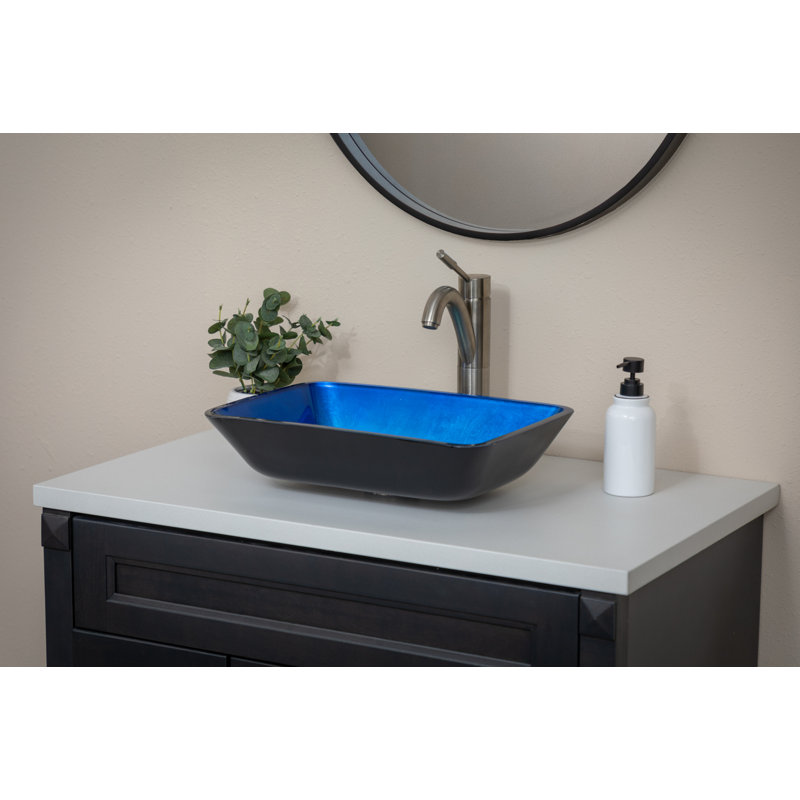 Lavabo de salle de bain rectangulaire en verre bleu peint à la main