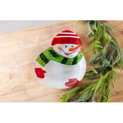Christmas Glass Jolly Snowman Serving Platter White