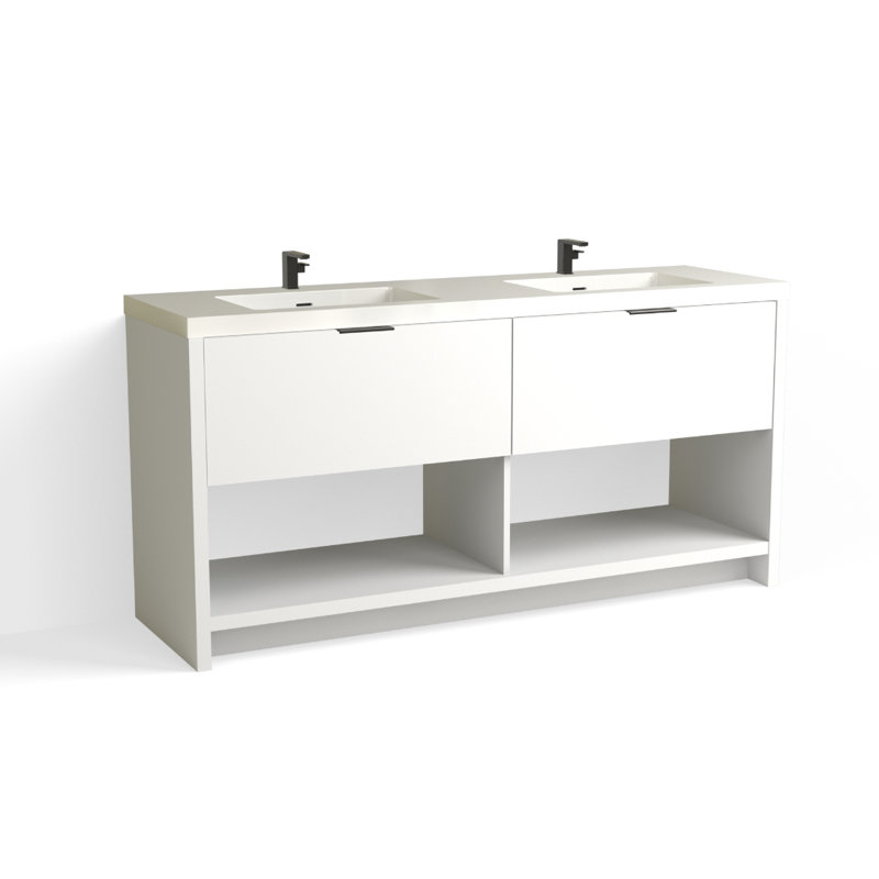 Vista 72" W Freestanding Double Bathroom Vanity, Single-Hole, White Gloss, White Nanomatte/Matte Black