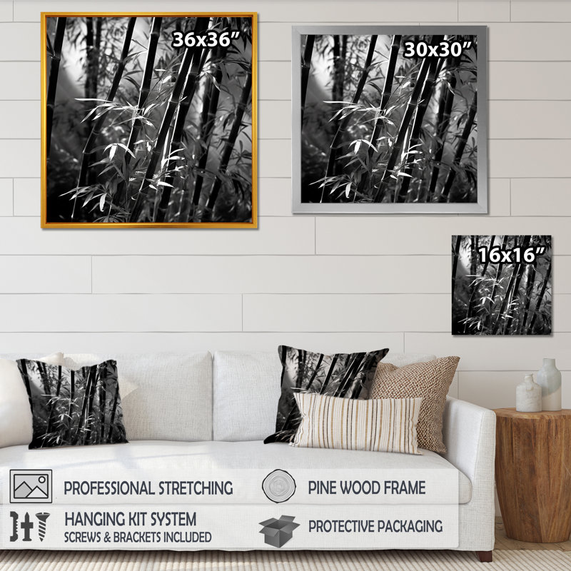Forêt de bambou monochrome - salon d'art mural en bambou_106664, Encadrement doré, H 16 po x l 16 po x P 1 po