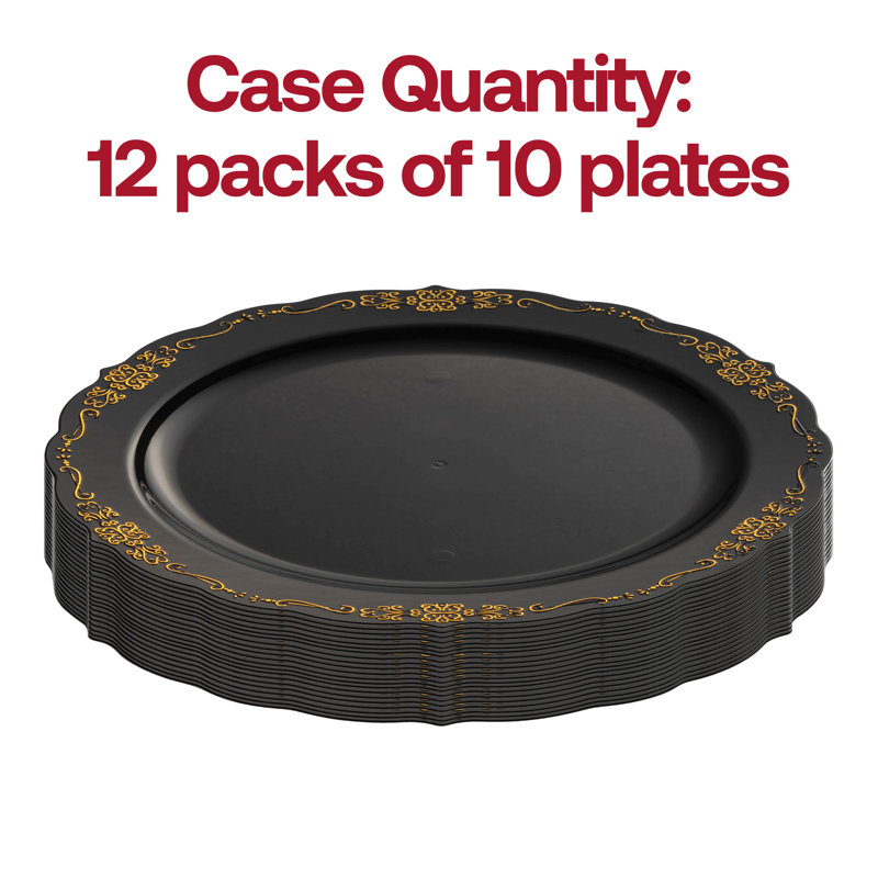 Assiettes à salade jetables rondes noires en plastique noir avec rebord doré (7,5 po)