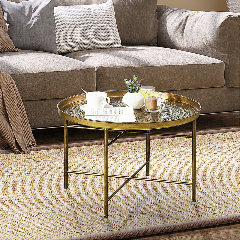 Table basse ronde de 24 po avec plateau martelé, table centrale en métal rétro pour le salon, la chambre à coucher, la table d'appoint, or