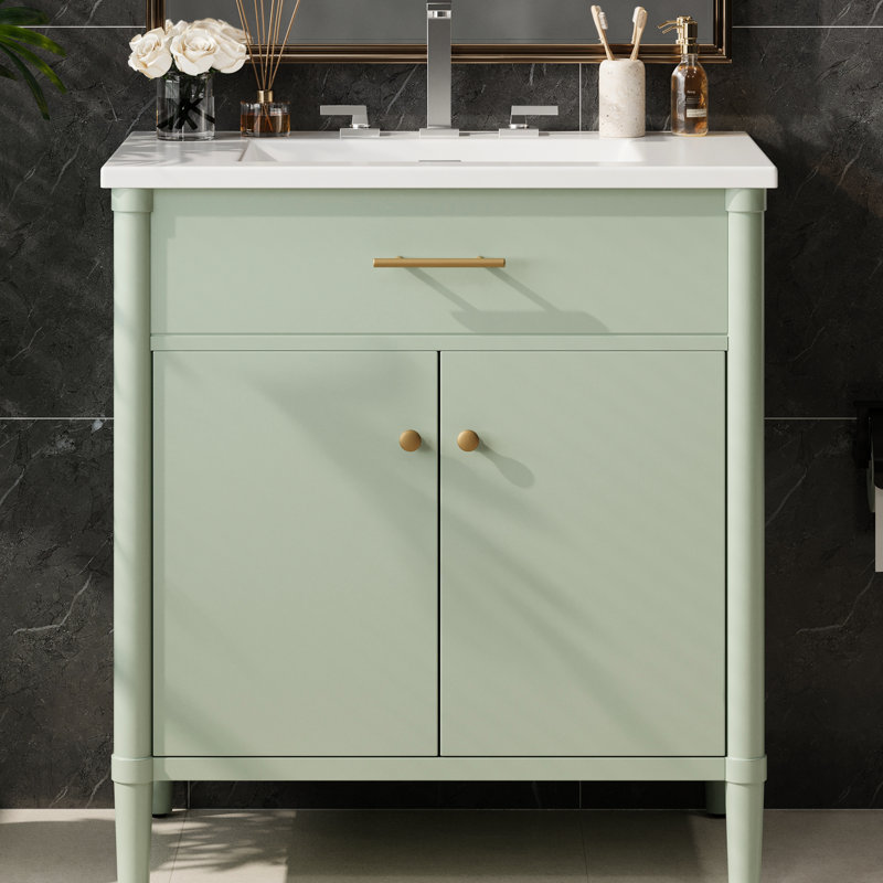 Meuble-lavabo de 31 po avec lavabo, conception à profil incurvé, portes à fermeture douce, tablette réglable, pieds en bois d'hévéa, espace, faux tiroir, poignées en or mat, idéal pour les petites et moyennes salles de bain