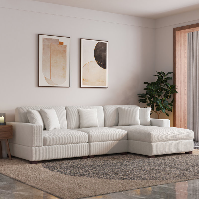 3 - Piece Upholstered Beige Corduroy Modular Sectional Sofa with Pillow Back and Solid Wood Legs, Beige Corduroy