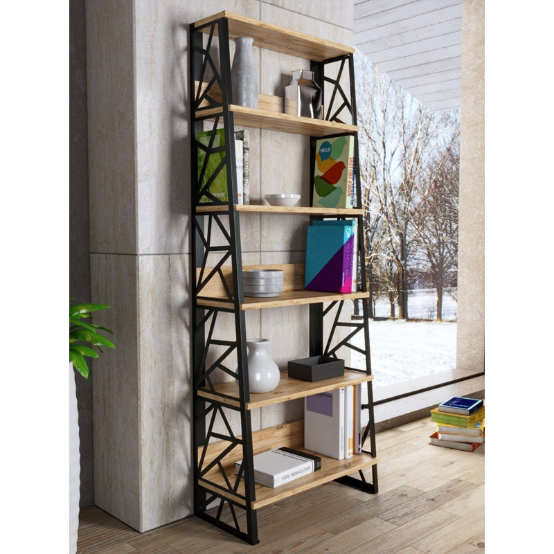Bibliothèque moderne avec bords en métal, finition pin atlantique, 23,6 po x 63,0 po x 11,8 po | Panneau de particules durable à 100%, épaisseur de 0,7 pouce | Conception murale, nombreuses tablettes pour un rangement et une présentation élégants
