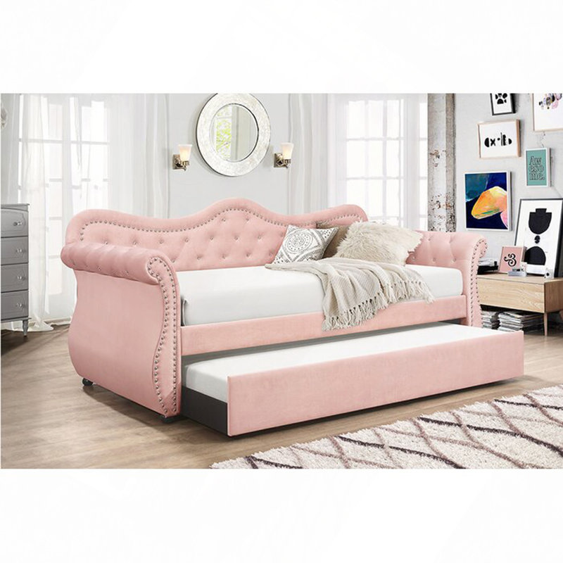 Upholstered Velvet Wood Daybed With Trundle, Pink
