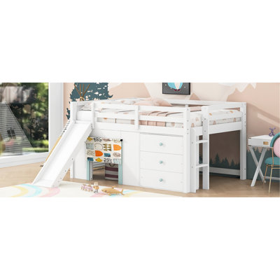 Full Size Low Loft Bed In White With Slide And Three Storage Drawers - Multifunctional For , Made Of Solid Wood , No Box Spring Needed Slide, Two Doors Noise , Stable Structure, Simple To Put Up