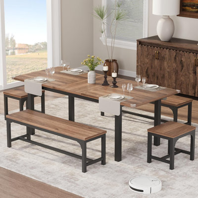 63" Extendable Dining Table with 2 Benches and 2 Short Wooden Benches, Space-Saving Rectangle Kitchen Table with Iron Frame, Expandable Wood Table for 4-6 People, Apartment, Dining Room, Conference Room, Walnut Board + Black Frame
