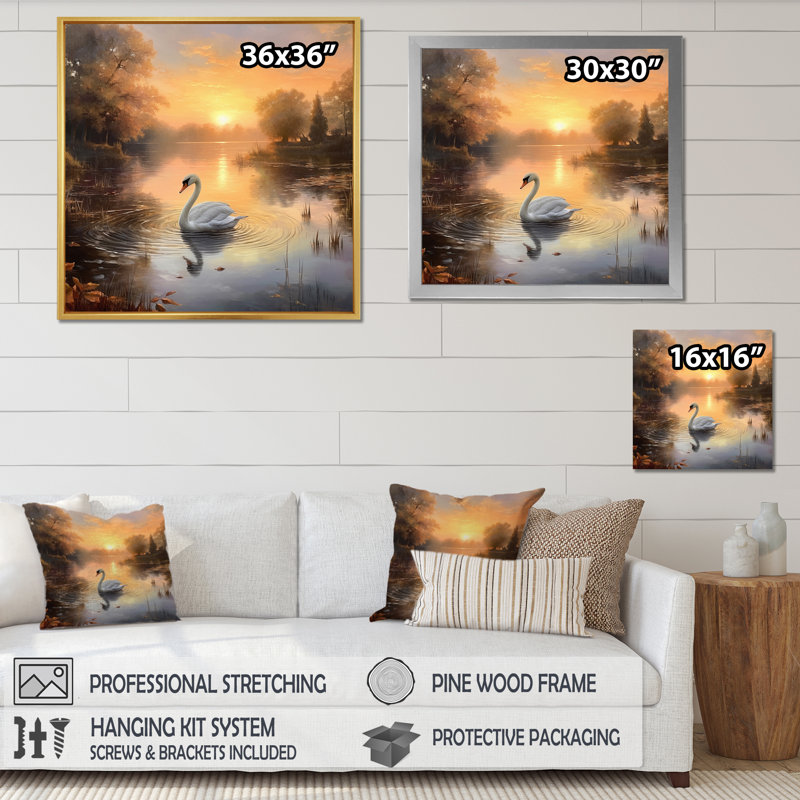 Cygne blanc, coucher de soleil romantique I, H 36 po x l 36 po x P 1,5 po, Cadre flottant noir