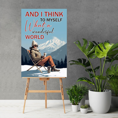 «Skiing Girl Take A Rest - I Think To Myelf, What A Wonderful World», toile tendue avec châssis - décor d'illustration de sport, décor de chambre à coucher brun et rouge