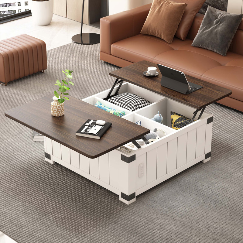 White and Brown Square Lift-Top Coffee Table with Storage