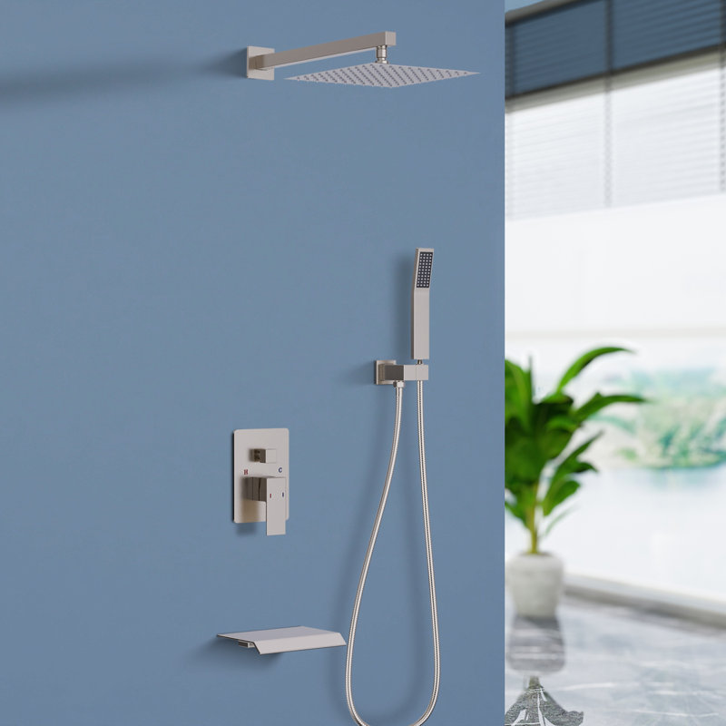 Topcraft Wall-Mounted 10-Inch Rain Shower System With Handheld Showerhead And Tub Spout, Brushed Nickel