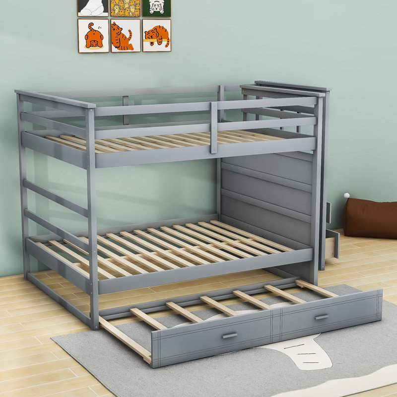 Bunk Bed With Storage Drawers And Twin Trundle, Gray, Full Over Full