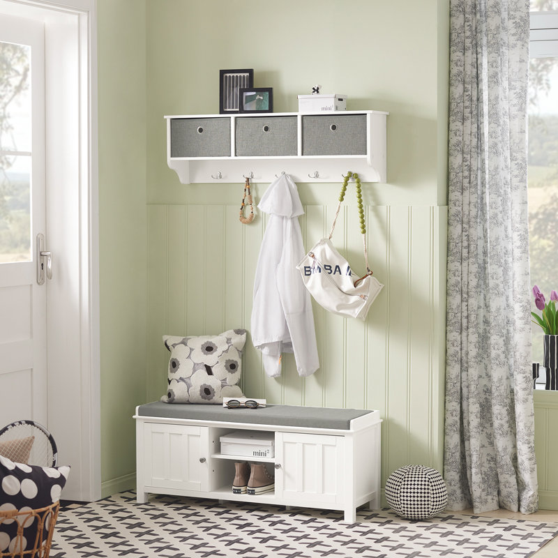 Huseyn 5 - Hook Wall Mounted Coat Rack with Storage in White, White
