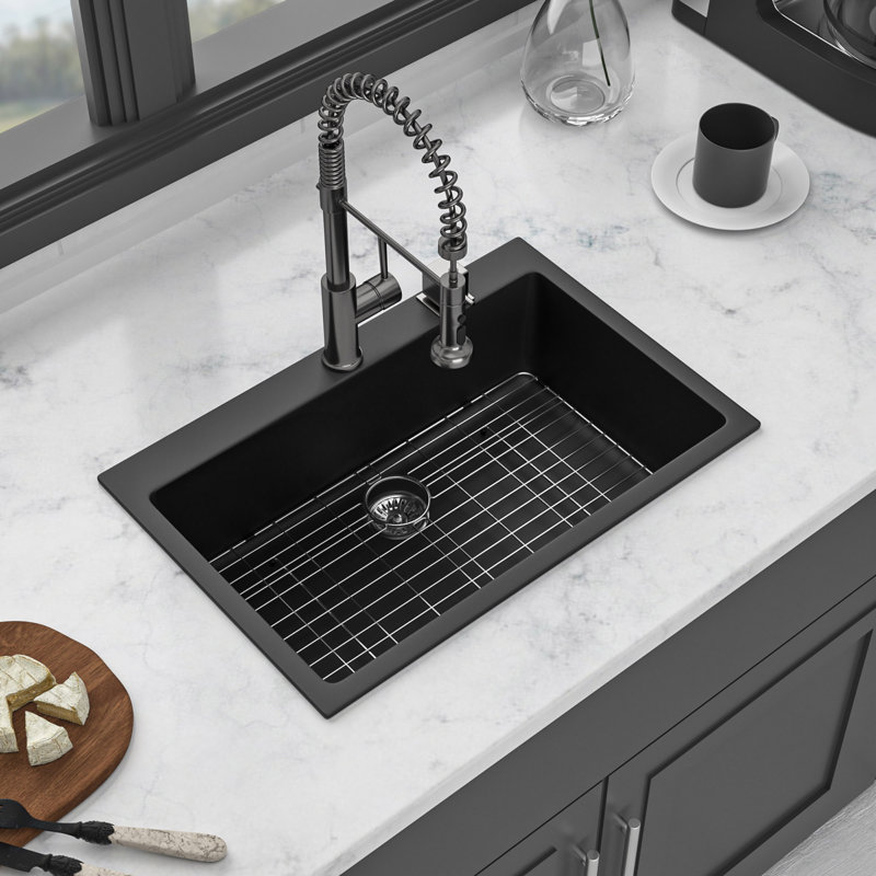 Évier de cuisine en quartz - Évier de cuisine encastré en granite noir 33 x 22 po