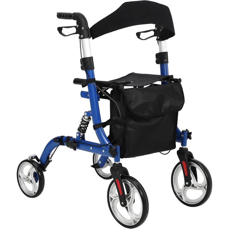 2 in 1 Foldable Rollator Walker for Seniors, Mobility Walker Wheelchair, All Terrain Wheels, Shock Absorber, Adjustable Handle, 150kg Capacity