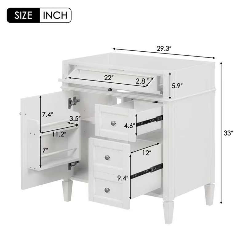 Meuble-lavabo de salle de bain de 30 po sans lavabo supérieur, armoire de rangement moderne avec 2 tiroirs et un tiroir rabattable (BASSIN INCLUS)