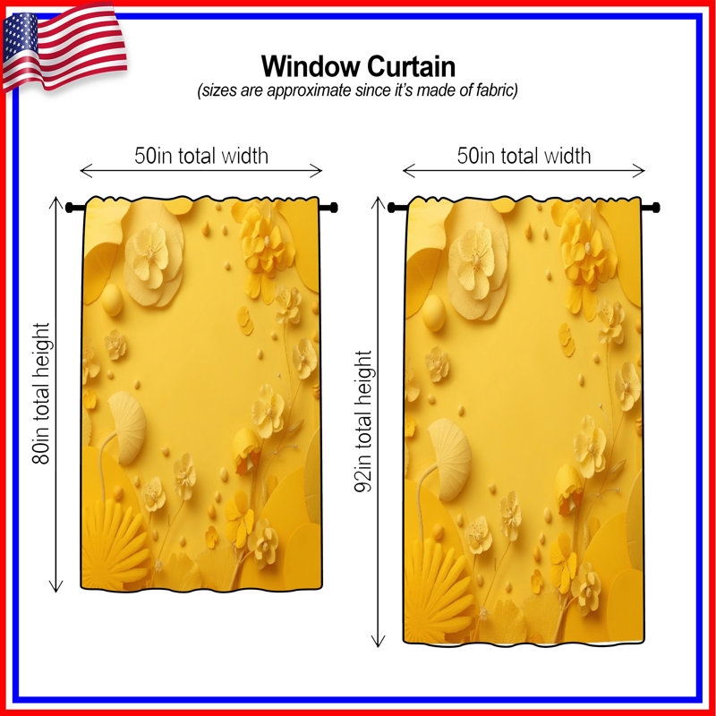 Rideaux de fenêtre en papier jaune, voilages et voilages à motif floral - 1 panneau, 50" x 92" - 1 Panel, Sheer