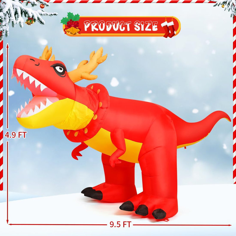 Christmas Inflatable 9.5 FT Christmas Dinosaur Inflatable Moving Head with Built-in LEDs